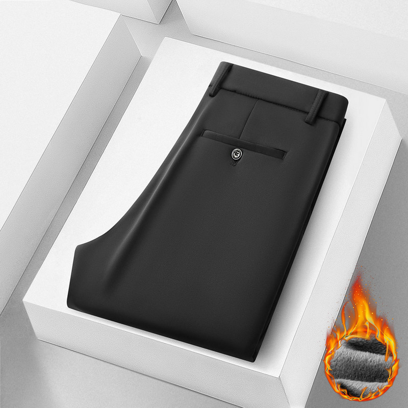 Pantaloni casual de afaceri, căptușiți cu fleece pentru iarnă, talie înaltă, croi drept, închidere cu fermoar, amestec poliester-spandex