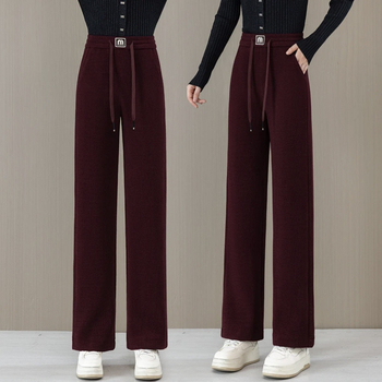 Pantaloni femei cu fleece căptușit, talie înaltă, croi drept, stil etnic, micro-elastici, amestec poliester-plasă.