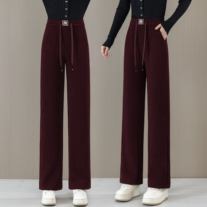 Pantaloni femei cu fleece căptușit, talie înaltă, croi drept, stil etnic, micro-elastici, amestec poliester-plasă.