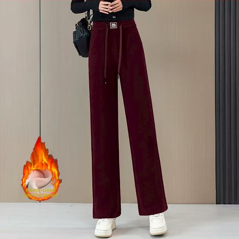 Pantaloni femei cu fleece căptușit, talie înaltă, croi drept, stil etnic, micro-elastici, amestec poliester-plasă.