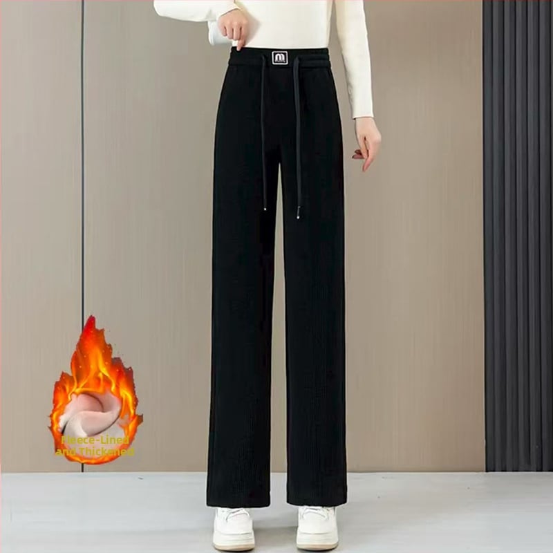 Pantaloni femei cu fleece căptușit, talie înaltă, croi drept, stil etnic, micro-elastici, amestec poliester-plasă.