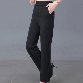 Pantaloni de femei din tricot de poliester, cu căptușeală din fleece, croială lejeră, dreaptă, Primăvara 2025