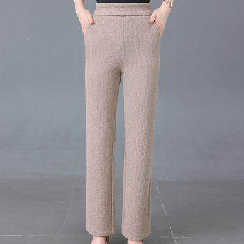 Pantaloni de femei din tricot de poliester, cu căptușeală din fleece, croială lejeră, dreaptă, Primăvara 2025