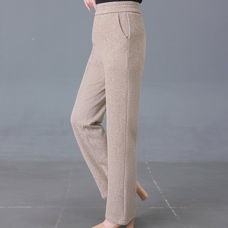 Pantaloni de femei din tricot de poliester, cu căptușeală din fleece, croială lejeră, dreaptă, Primăvara 2025