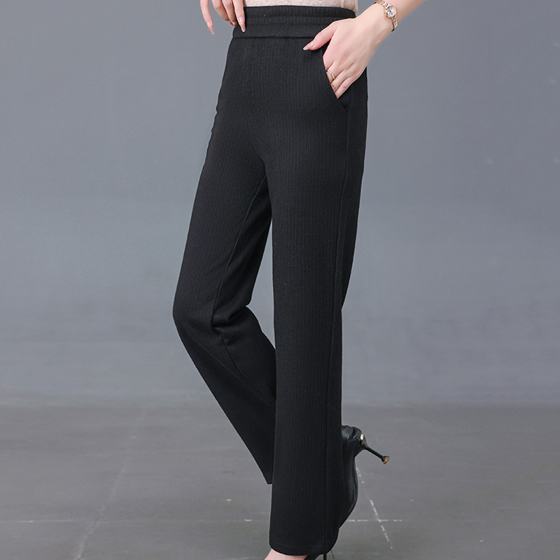 Pantaloni de femei din tricot de poliester, cu căptușeală din fleece, croială lejeră, dreaptă, Primăvara 2025