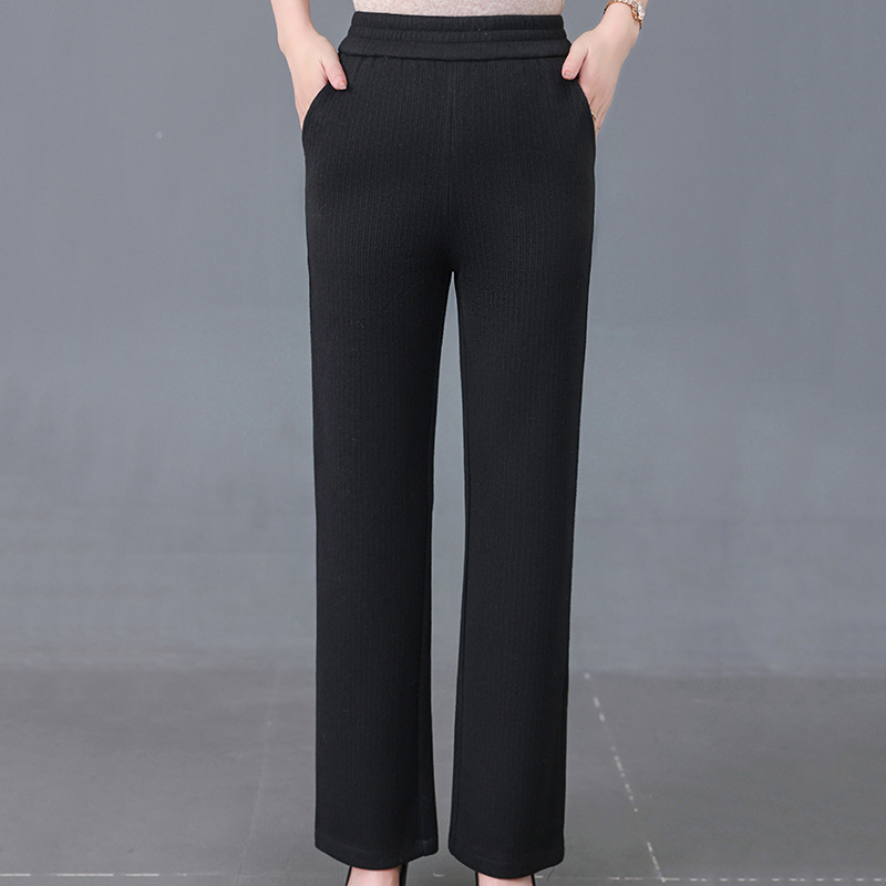 Pantaloni de femei din tricot de poliester, cu căptușeală din fleece, croială lejeră, dreaptă, Primăvara 2025