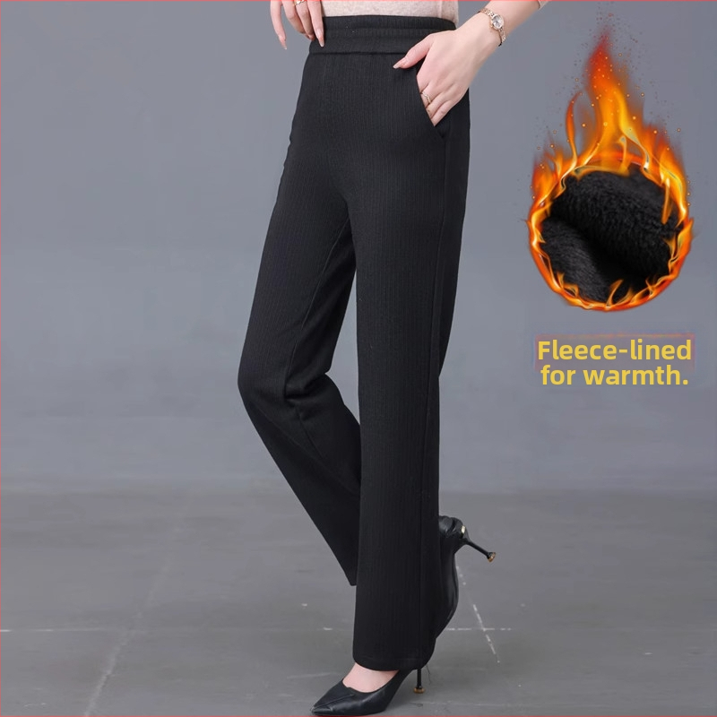 Pantaloni de femei din tricot de poliester, cu căptușeală din fleece, croială lejeră, dreaptă, Primăvara 2025