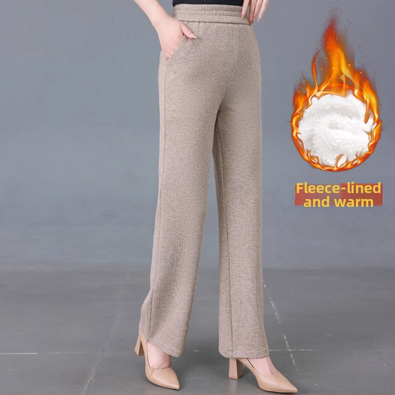 Pantaloni de femei din tricot de poliester, cu căptușeală din fleece, croială lejeră, dreaptă, Primăvara 2025