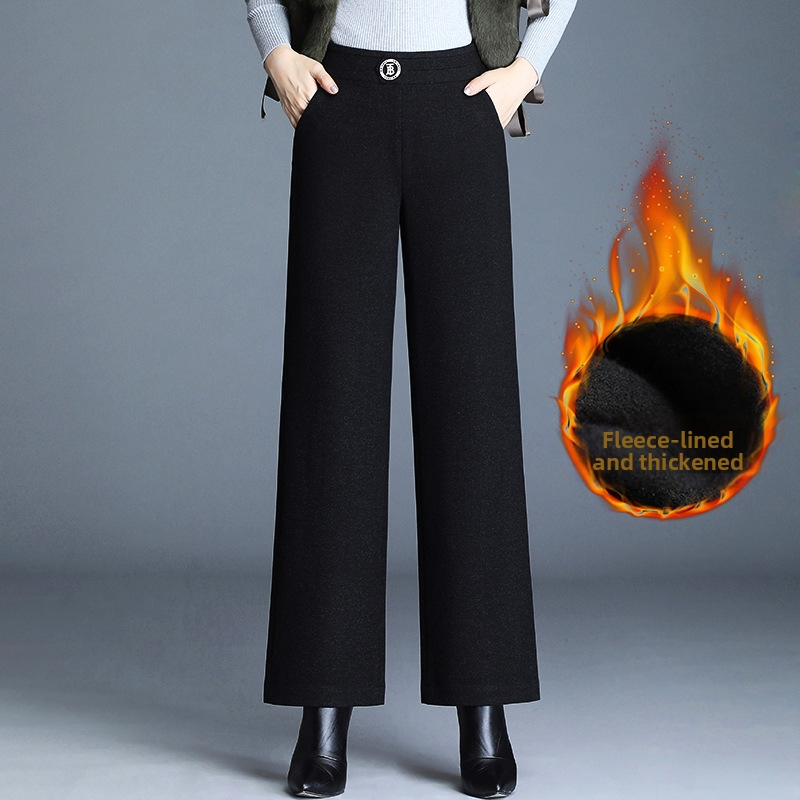 Pantaloni evazați pentru femei cu căptușeală fleece, din țesătură țesută, 90–95% poliester, micro-elastic, groși