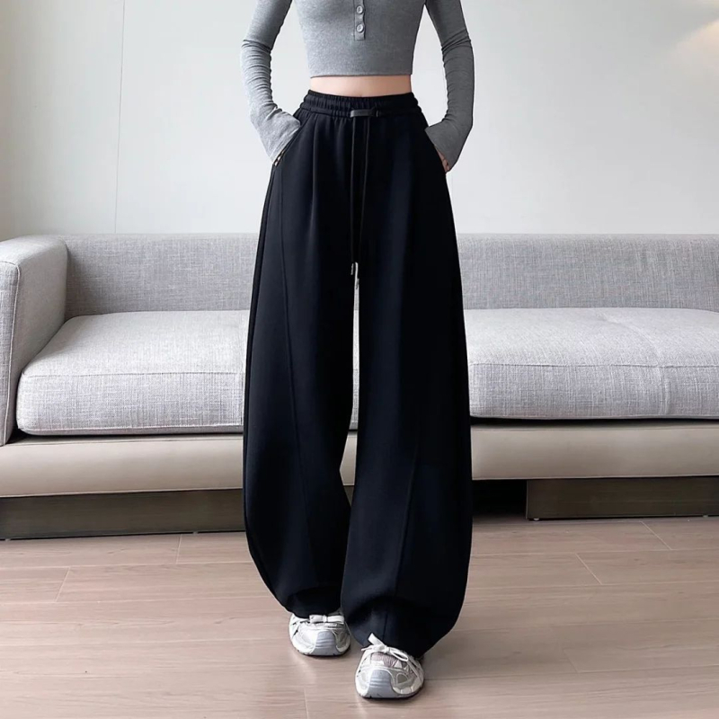 Sabre ženske hlače s širokim krojem, crne, visoki pojas, casual, pravi kroj