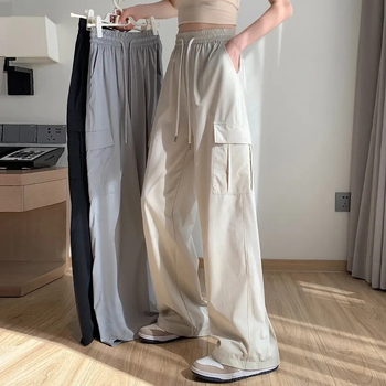 Ženske Harajuku stila hlače, široke nogavice, visok pojas, tanak poliester, ulična moda (95%+ Polyester fiber; High waist; Wide-leg; Trousers; Autumn 2024)