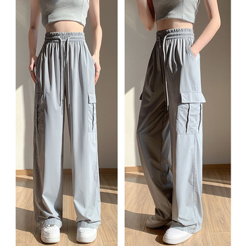 Ženske Harajuku stila hlače, široke nogavice, visok pojas, tanak poliester, ulična moda (95%+ Polyester fiber; High waist; Wide-leg; Trousers; Autumn 2024)