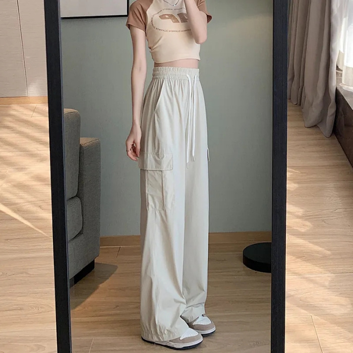 Ženske Harajuku stila hlače, široke nogavice, visok pojas, tanak poliester, ulična moda (95%+ Polyester fiber; High waist; Wide-leg; Trousers; Autumn 2024)