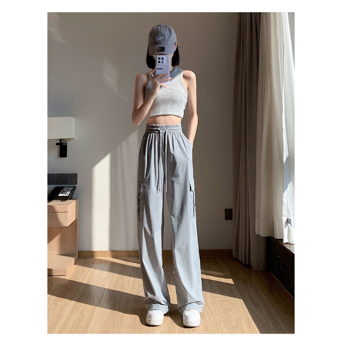 Ženske Harajuku stila hlače, široke nogavice, visok pojas, tanak poliester, ulična moda (95%+ Polyester fiber; High waist; Wide-leg; Trousers; Autumn 2024)