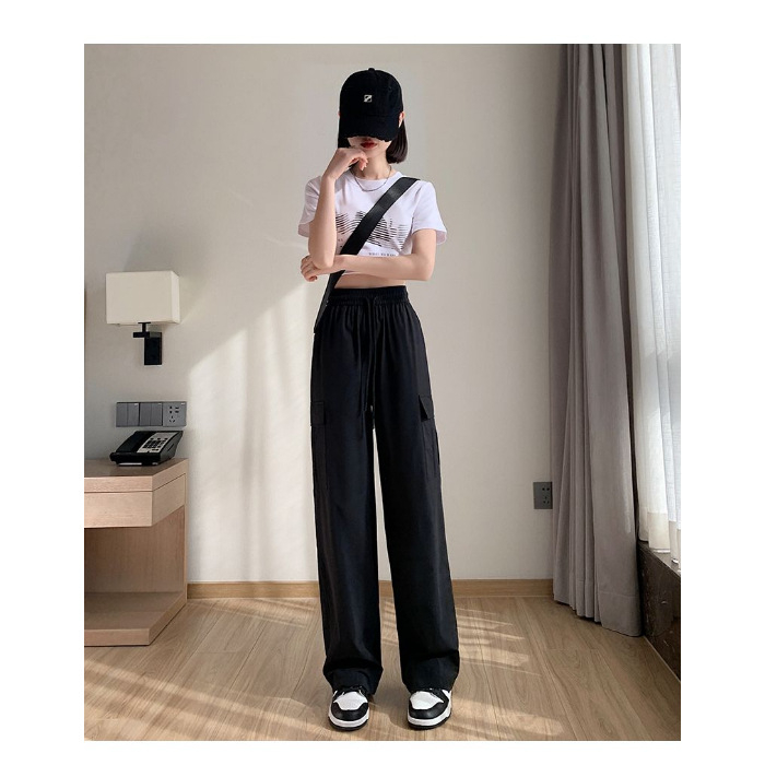 Ženske Harajuku stila hlače, široke nogavice, visok pojas, tanak poliester, ulična moda (95%+ Polyester fiber; High waist; Wide-leg; Trousers; Autumn 2024)