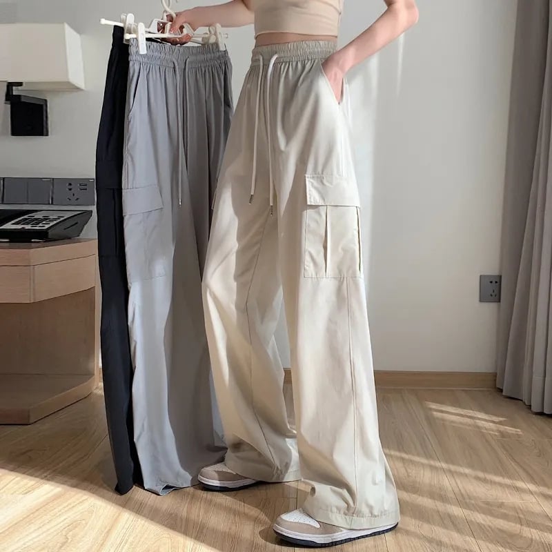 Ženske Harajuku stila hlače, široke nogavice, visok pojas, tanak poliester, ulična moda (95%+ Polyester fiber; High waist; Wide-leg; Trousers; Autumn 2024)