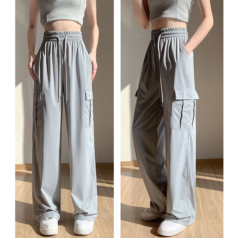Ženske Harajuku stila hlače, široke nogavice, visok pojas, tanak poliester, ulična moda (95%+ Polyester fiber; High waist; Wide-leg; Trousers; Autumn 2024)