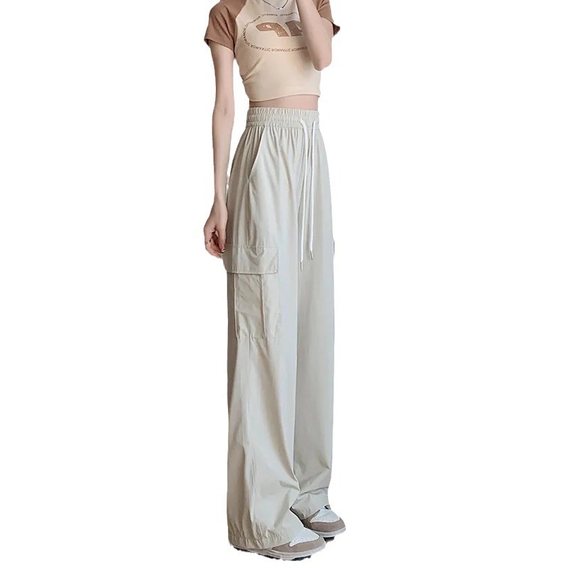 Ženske Harajuku stila hlače, široke nogavice, visok pojas, tanak poliester, ulična moda (95%+ Polyester fiber; High waist; Wide-leg; Trousers; Autumn 2024)