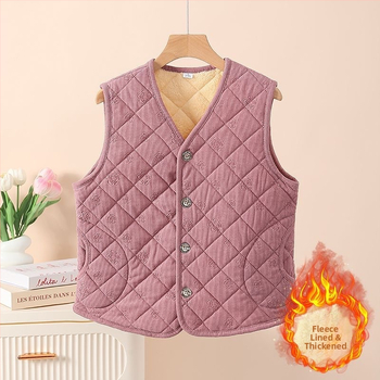 Vesta damă: căptușeală din fleece, corduroy embossat, căldură generoasă; imprimeu cu plante; poliester cu elastan; lungime 50–65 cm