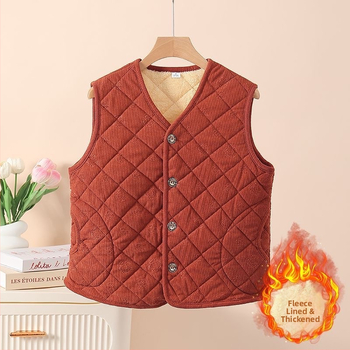 Vesta damă: căptușeală din fleece, corduroy embossat, căldură generoasă; imprimeu cu plante; poliester cu elastan; lungime 50–65 cm