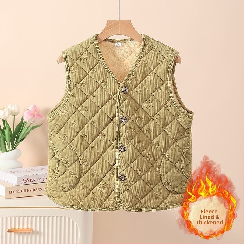 Vesta damă: căptușeală din fleece, corduroy embossat, căldură generoasă; imprimeu cu plante; poliester cu elastan; lungime 50–65 cm