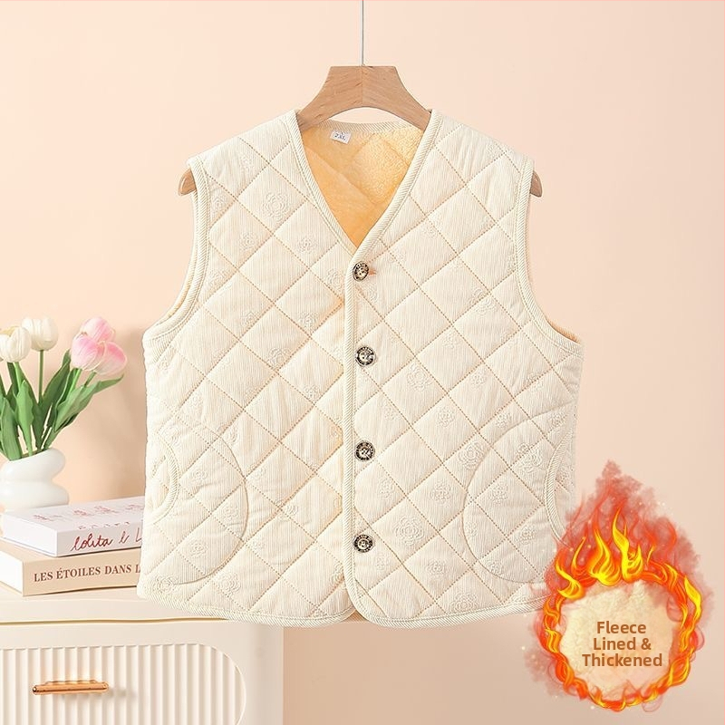 Vesta damă: căptușeală din fleece, corduroy embossat, căldură generoasă; imprimeu cu plante; poliester cu elastan; lungime 50–65 cm