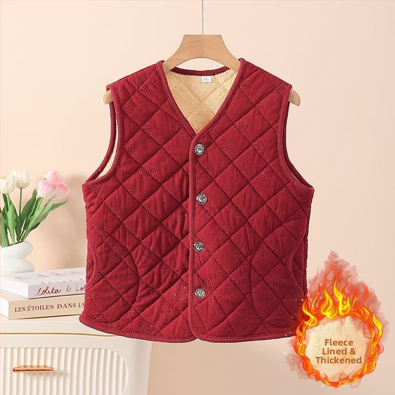 Vesta damă: căptușeală din fleece, corduroy embossat, căldură generoasă; imprimeu cu plante; poliester cu elastan; lungime 50–65 cm