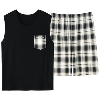 Férfi modal-pamut pizsama készlet: ujjatlan felső és rövidnadrág, lélegző és könnyű nyárra; anyag Modal, 141–160 g/m², kerek nyak