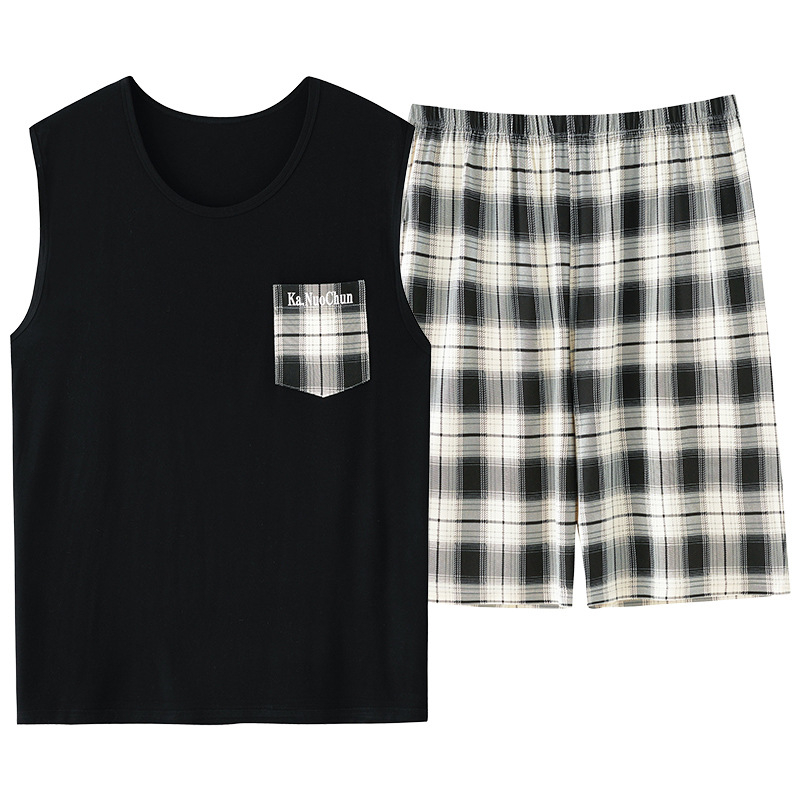 Férfi modal-pamut pizsama készlet: ujjatlan felső és rövidnadrág, lélegző és könnyű nyárra; anyag Modal, 141–160 g/m², kerek nyak