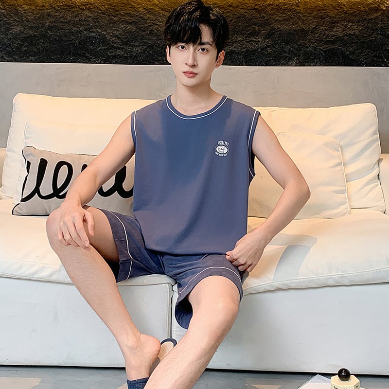 Férfi modal-pamut pizsama készlet: ujjatlan felső és rövidnadrág, lélegző és könnyű nyárra; anyag Modal, 141–160 g/m², kerek nyak