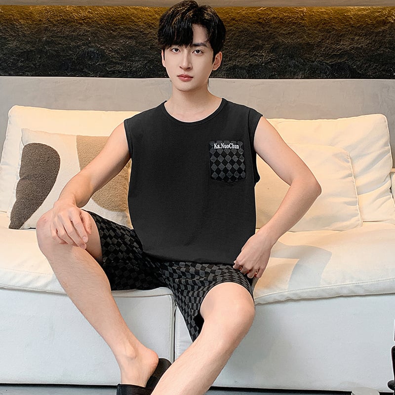 Férfi modal-pamut pizsama készlet: ujjatlan felső és rövidnadrág, lélegző és könnyű nyárra; anyag Modal, 141–160 g/m², kerek nyak