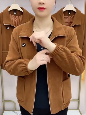 Női corduroy kabát, casual retro stílus, 3/4-es ujjú, galléros rever, egyszínű minta, normál hossz 50–65 cm