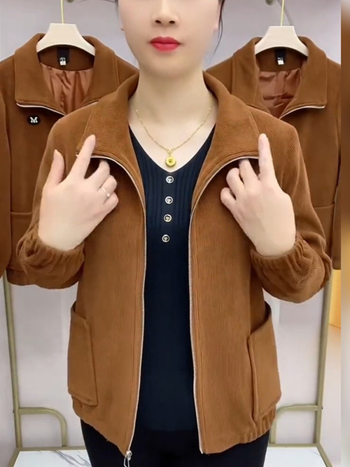 Női corduroy kabát, casual retro stílus, 3/4-es ujjú, galléros rever, egyszínű minta, normál hossz 50–65 cm