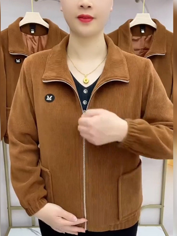 Női corduroy kabát, casual retro stílus, 3/4-es ujjú, galléros rever, egyszínű minta, normál hossz 50–65 cm