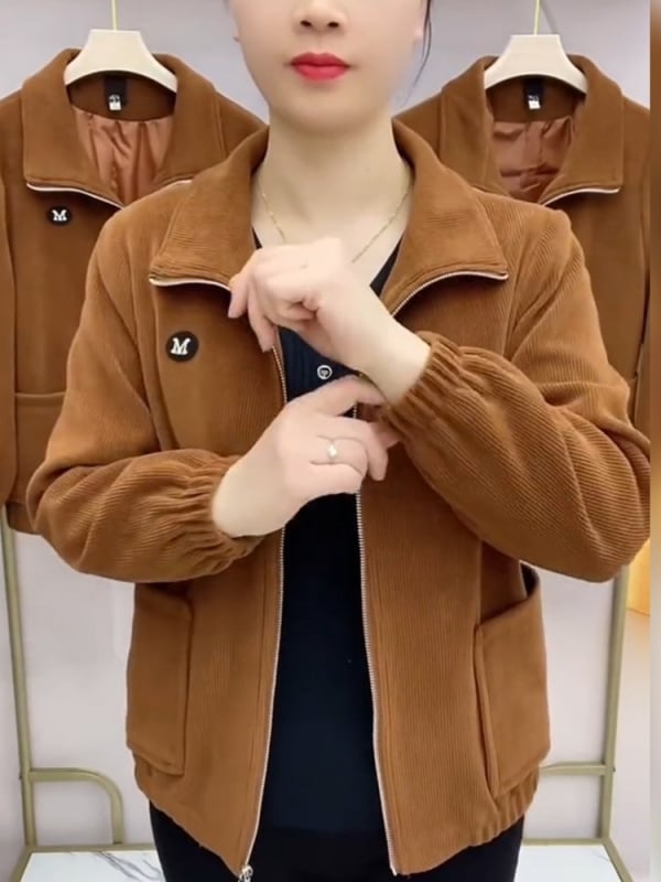 Női corduroy kabát, casual retro stílus, 3/4-es ujjú, galléros rever, egyszínű minta, normál hossz 50–65 cm