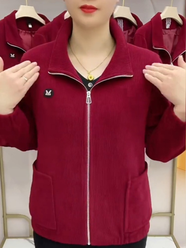 Női corduroy kabát, casual retro stílus, 3/4-es ujjú, galléros rever, egyszínű minta, normál hossz 50–65 cm