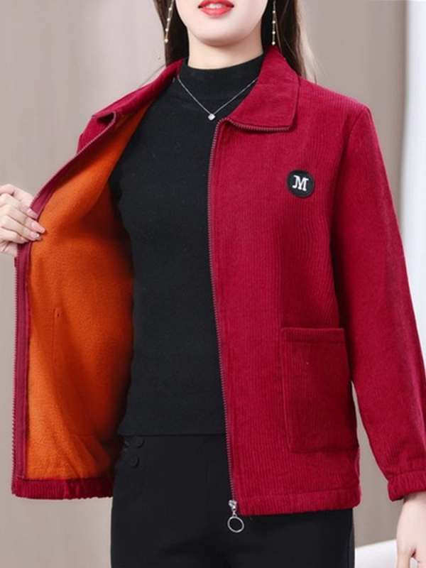 Női corduroy kabát, casual retro stílus, 3/4-es ujjú, galléros rever, egyszínű minta, normál hossz 50–65 cm