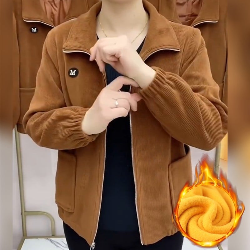 Női corduroy kabát, casual retro stílus, 3/4-es ujjú, galléros rever, egyszínű minta, normál hossz 50–65 cm