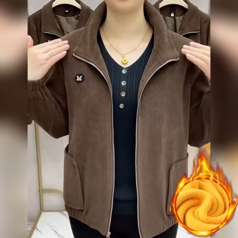 Női corduroy kabát, casual retro stílus, 3/4-es ujjú, galléros rever, egyszínű minta, normál hossz 50–65 cm