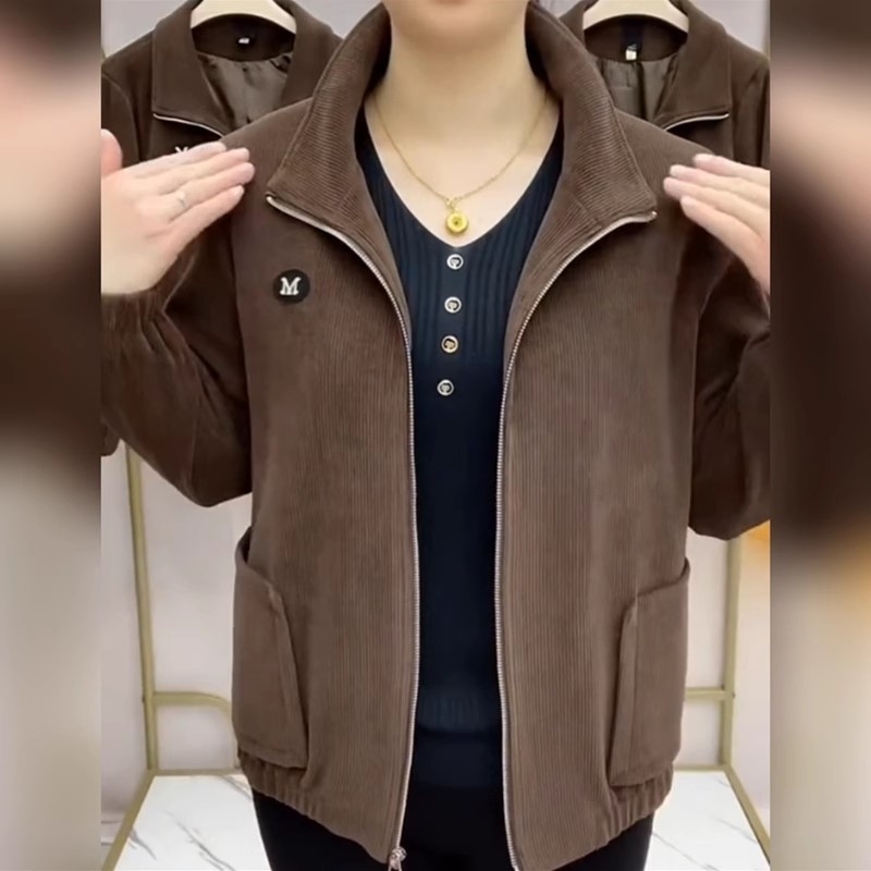 Női corduroy kabát, casual retro stílus, 3/4-es ujjú, galléros rever, egyszínű minta, normál hossz 50–65 cm