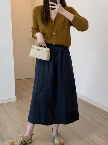 Дамски панталон-пола, 95% памук, висока талия, свободен силует, средна дължина, ежедневен японско/корейски стил