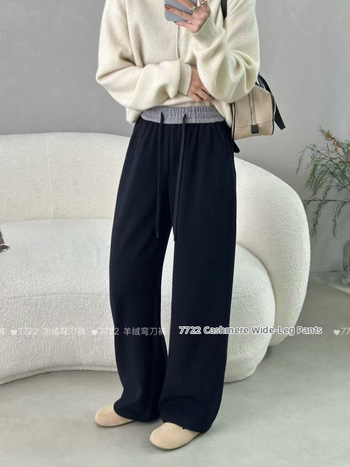 Pantalone za jesen-zimu 2025 s kontrastnim pojasom, ležerni kroj, ravne nogavice, elastični pojas, mješavina pamuka, model 7722