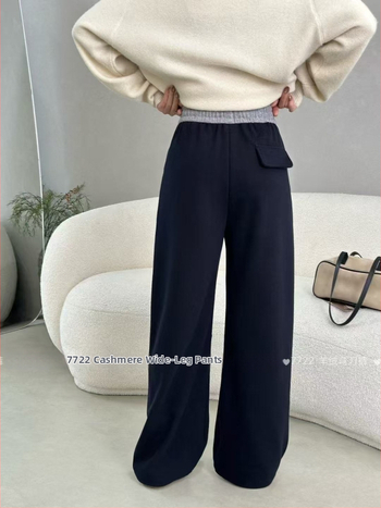 Pantalone za jesen-zimu 2025 s kontrastnim pojasom, ležerni kroj, ravne nogavice, elastični pojas, mješavina pamuka, model 7722