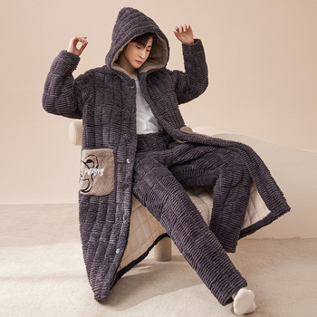 Korall fleece háromrétegű, extra vastag pizsama szett nadrággal, V-nyakú, hosszú ujjú, téli meleg, 95–100% poliészter