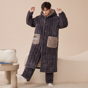 Korall fleece háromrétegű, extra vastag pizsama szett nadrággal, V-nyakú, hosszú ujjú, téli meleg, 95–100% poliészter