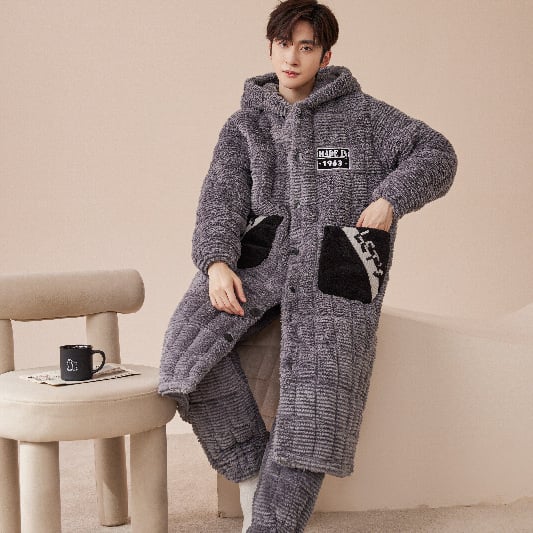 Korall fleece háromrétegű, extra vastag pizsama szett nadrággal, V-nyakú, hosszú ujjú, téli meleg, 95–100% poliészter