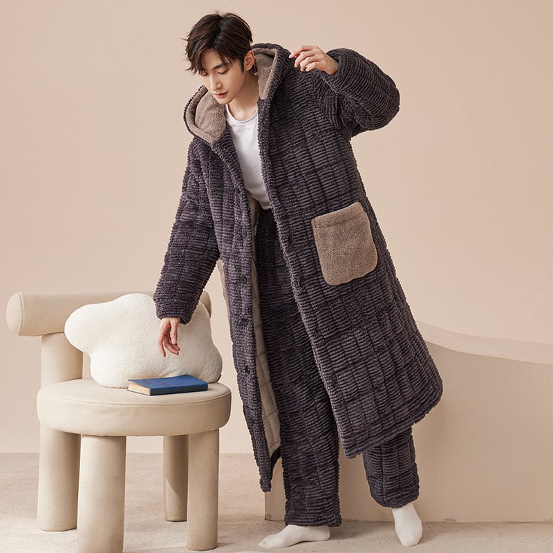 Korall fleece háromrétegű, extra vastag pizsama szett nadrággal, V-nyakú, hosszú ujjú, téli meleg, 95–100% poliészter