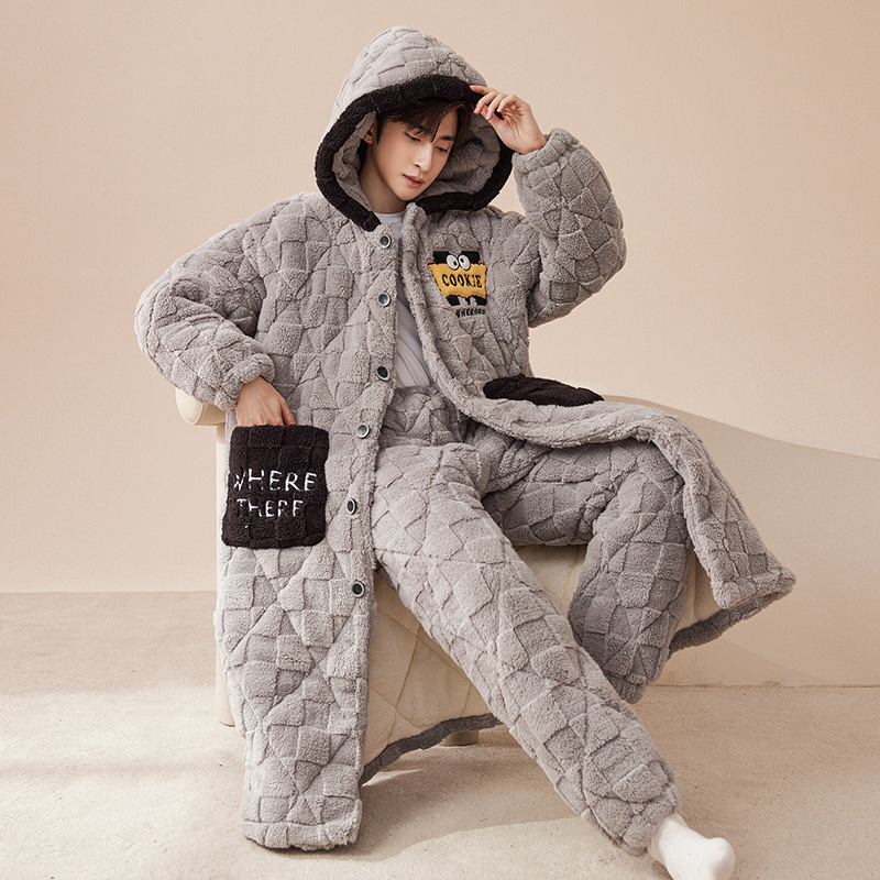 Korall fleece háromrétegű, extra vastag pizsama szett nadrággal, V-nyakú, hosszú ujjú, téli meleg, 95–100% poliészter