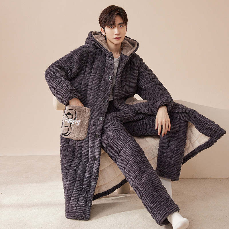 Korall fleece háromrétegű, extra vastag pizsama szett nadrággal, V-nyakú, hosszú ujjú, téli meleg, 95–100% poliészter