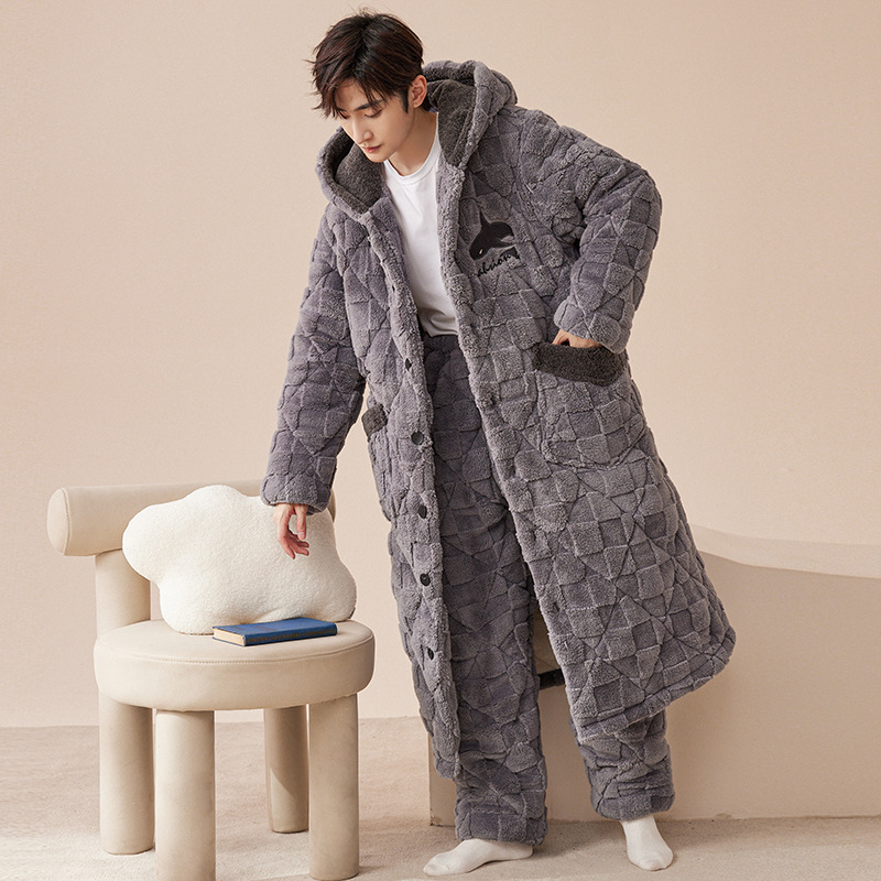 Korall fleece háromrétegű, extra vastag pizsama szett nadrággal, V-nyakú, hosszú ujjú, téli meleg, 95–100% poliészter